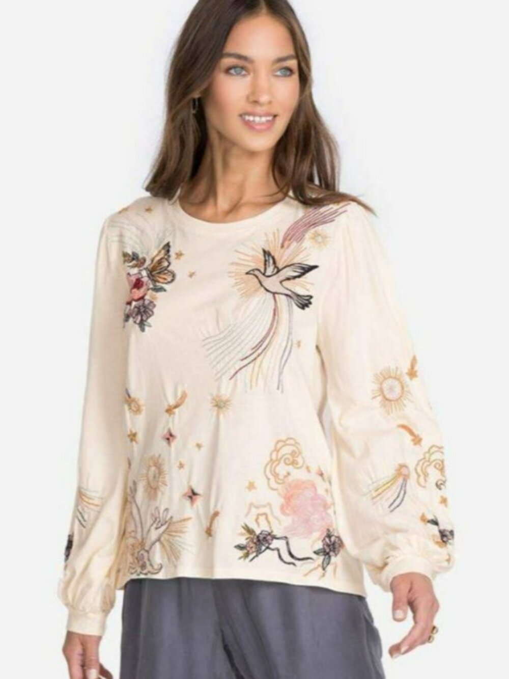 Johnny Was Selah Cuffed Puff Sleeve Tee sz XS Cream GUC